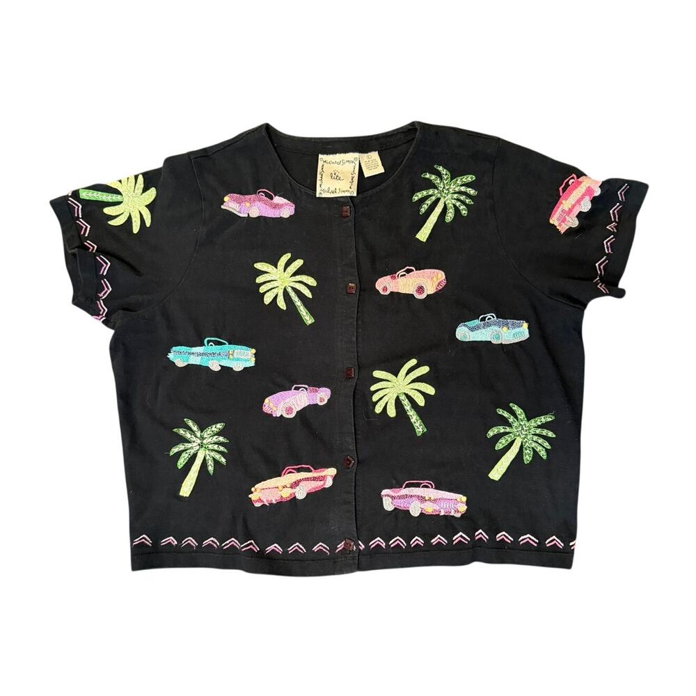 Michael Simon Lite Vintage Embroidered Blouse | Cars & Palms | Size L | 90s - Picture 2 of 11